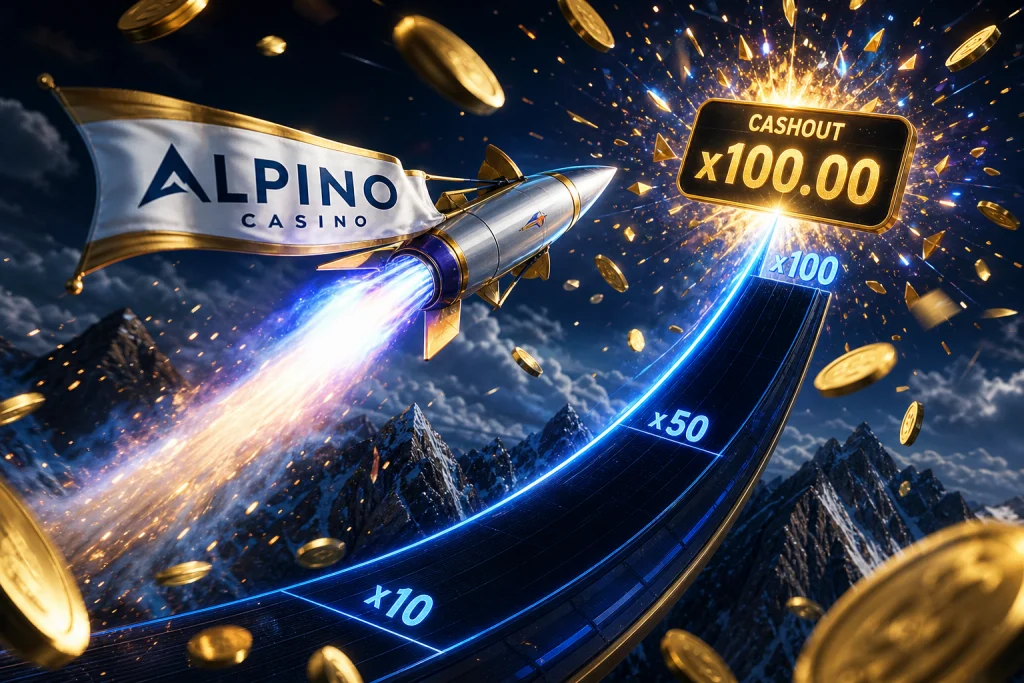 Aviator su Alpino Casino: razzo che sale lungo una curva di moltiplicatore con cashout