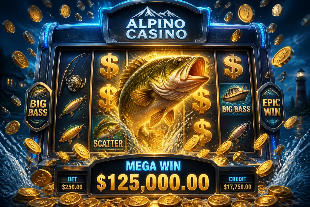 Rulli di una slot Big Bass con simboli oro e fontana di monete su Alpino Casino