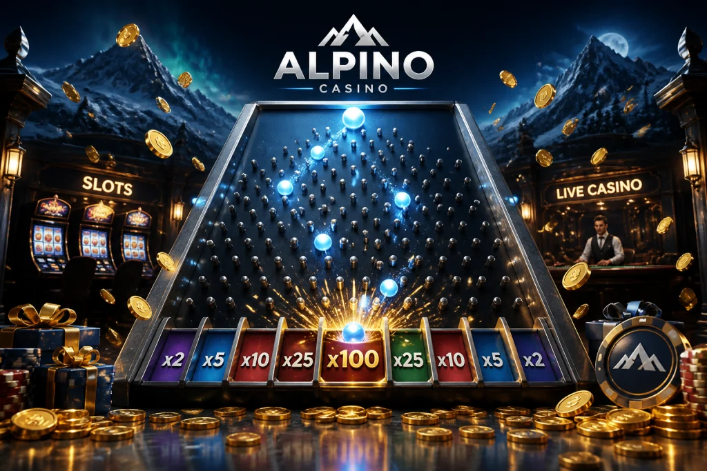 Tabellone Plinko con biglie che cadono verso i moltiplicatori su Alpino Casino