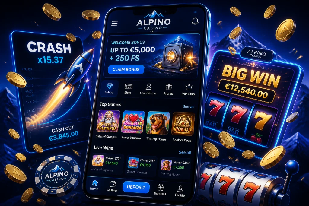 Lobby mobile di Alpino Casino con crash game e slot pronti da avviare